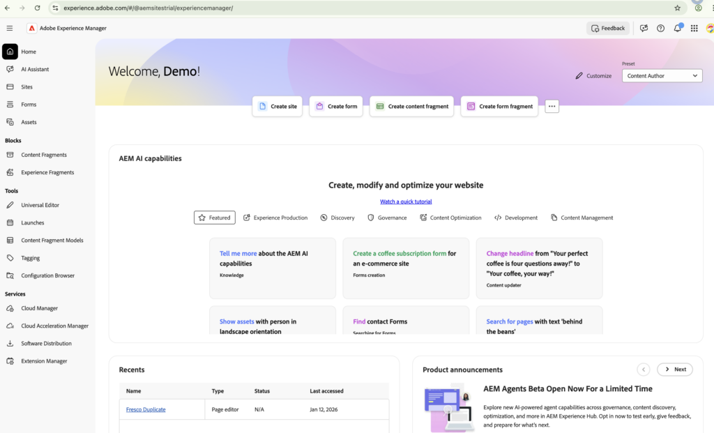AEM Playground (aem.now)- Free 30‑Day Environment to Try AI Agents in AEM-experiencehub